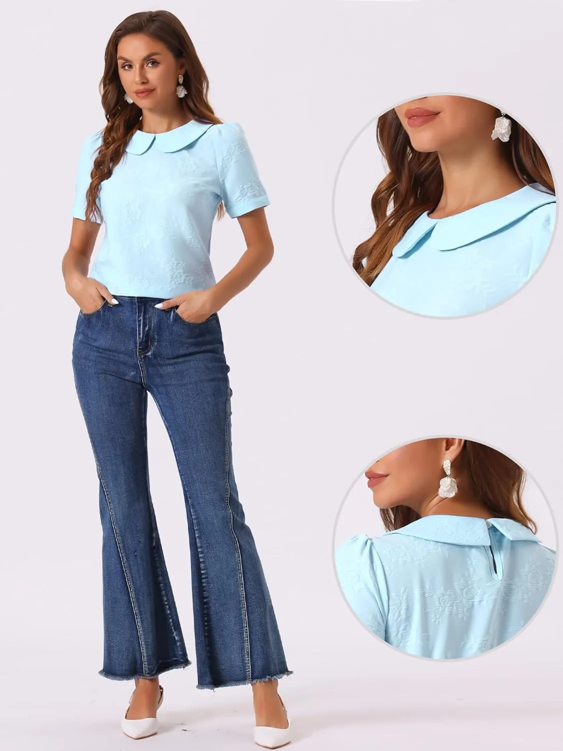 Allegra K Peter Pan Collar Blouse for Women's Floral Jacquard Puff Short Sleeve Kawaii Top