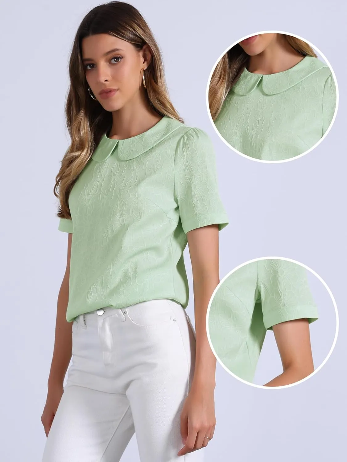 Allegra K Peter Pan Collar Blouse for Women's Floral Jacquard Puff Short Sleeve Kawaii Top