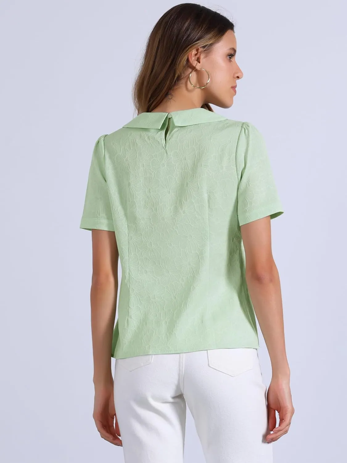 Allegra K Peter Pan Collar Blouse for Women's Floral Jacquard Puff Short Sleeve Kawaii Top