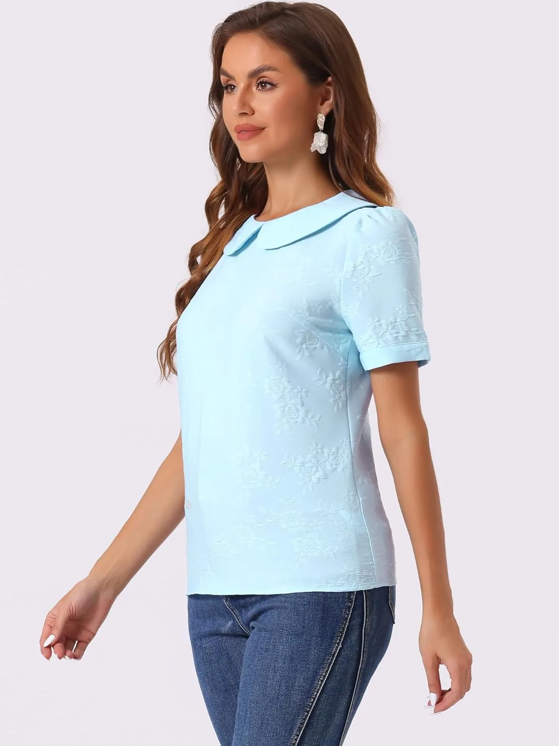 Allegra K Peter Pan Collar Blouse for Women's Floral Jacquard Puff Short Sleeve Kawaii Top