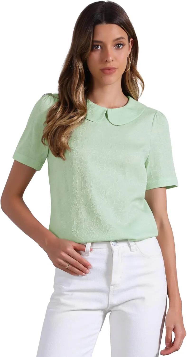 Allegra K Peter Pan Collar Blouse for Women's Floral Jacquard Puff Short Sleeve Kawaii Top