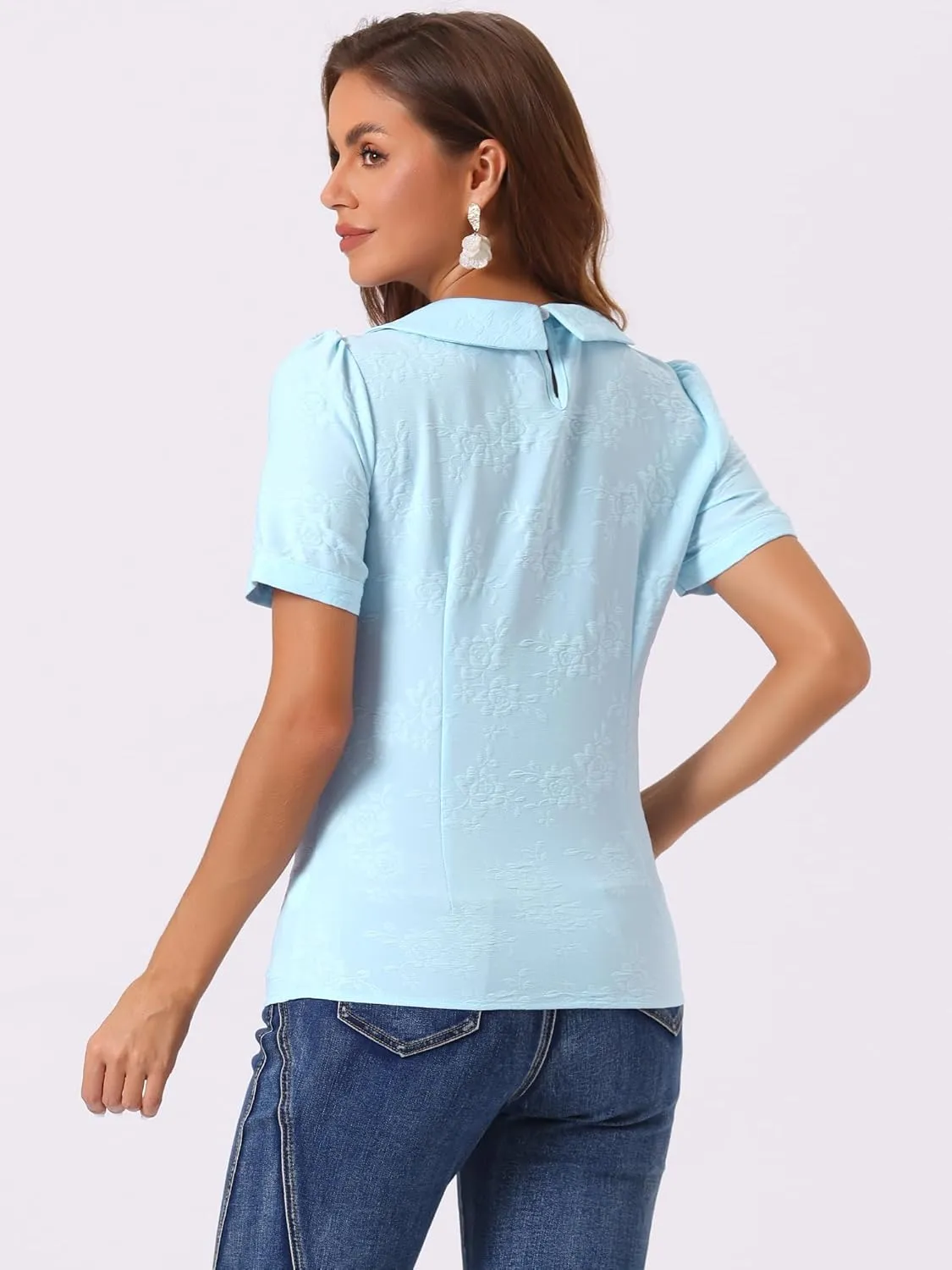 Allegra K Peter Pan Collar Blouse for Women's Floral Jacquard Puff Short Sleeve Kawaii Top