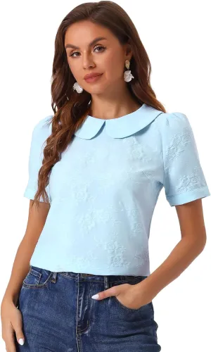 Allegra K Peter Pan Collar Blouse for Women's Floral Jacquard Puff Short Sleeve Kawaii Top