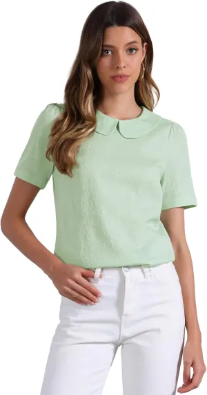 Allegra K Peter Pan Collar Blouse for Women's Floral Jacquard Puff Short Sleeve Kawaii Top