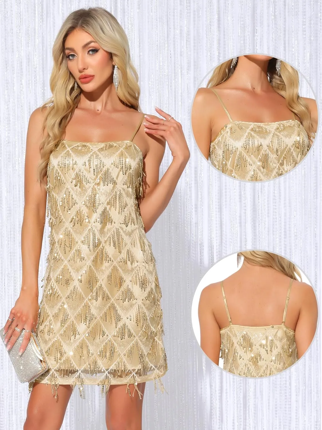 Allegra K Sequin Dress for Women's Flapper Dress Tassel Fringe Spaghetti Straps Cocktail Party Mini Sparkly Dresses