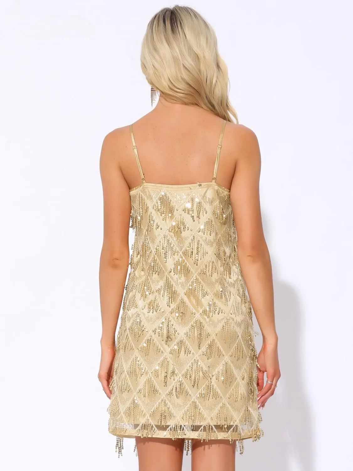 Allegra K Sequin Dress for Women's Flapper Dress Tassel Fringe Spaghetti Straps Cocktail Party Mini Sparkly Dresses