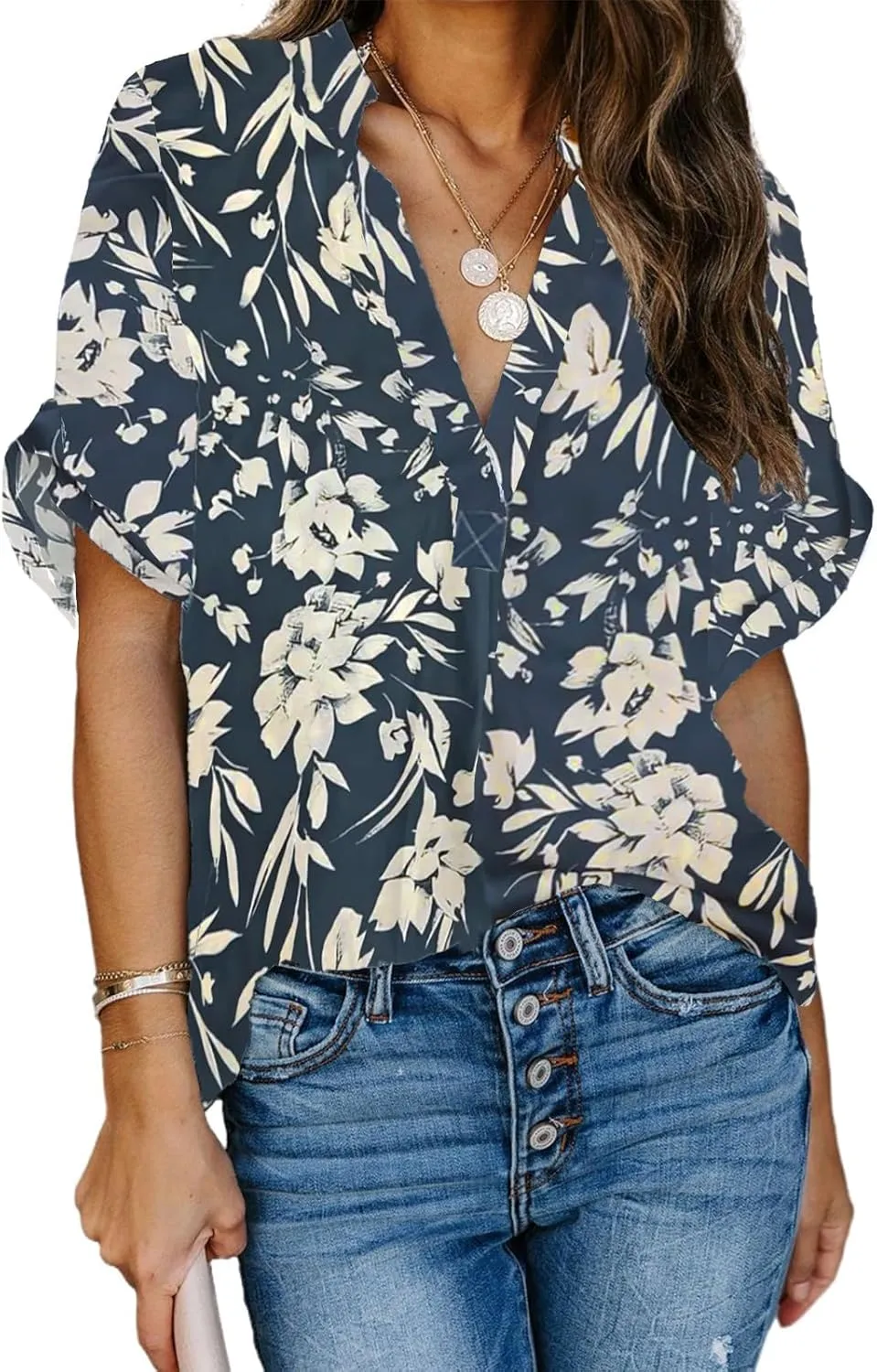 ANCAPELION Womens Summer Chiffon Blouse Casual Short Sleeve V Neck Shirt Loose Printed Cuffed Sleeve Tunic Tops for Women
