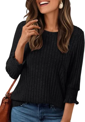AUTOMET Womens 3/4 Sleeve Tops T Shirts Summer Sweater Round Neck Casual Top Ladies Tops Business Casual Blouses