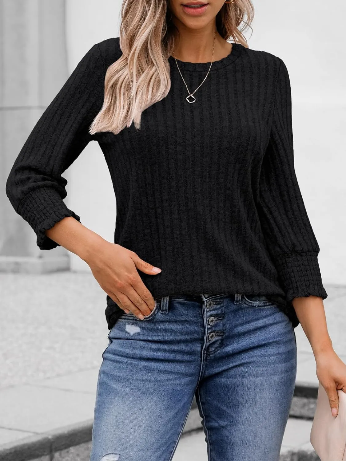 AUTOMET Womens 3/4 Sleeve Tops T Shirts Summer Sweater Round Neck Casual Top Ladies Tops Business Casual Blouses