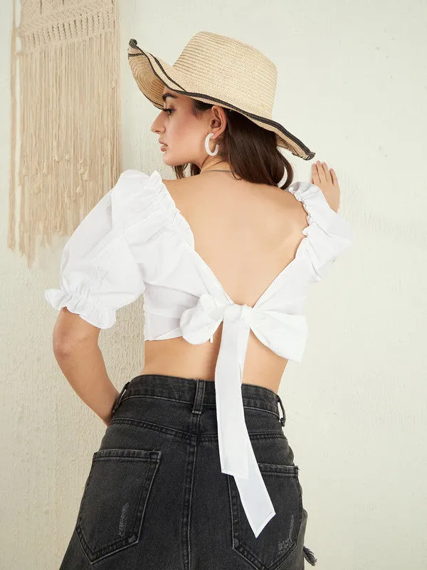 Berrylush Women Solid White Square Neck Tie-Up V-Back Puff Sleeves Cotton Pleated Crop Top