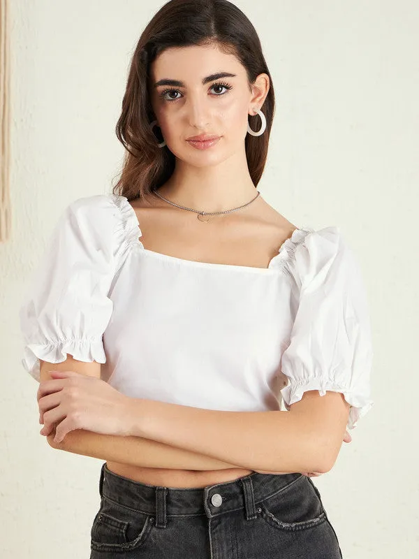 Berrylush Women Solid White Square Neck Tie-Up V-Back Puff Sleeves Cotton Pleated Crop Top
