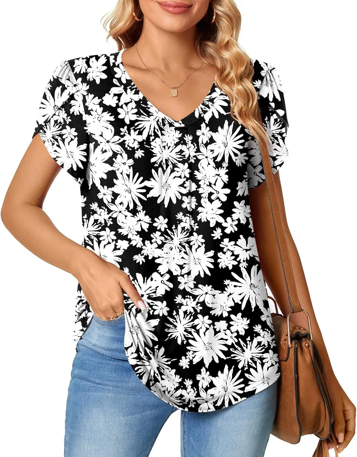 Bestbee Women's Plus Size Short Sleeve Blouses Summer Casual Loose Fit Tops V Neck Tunics