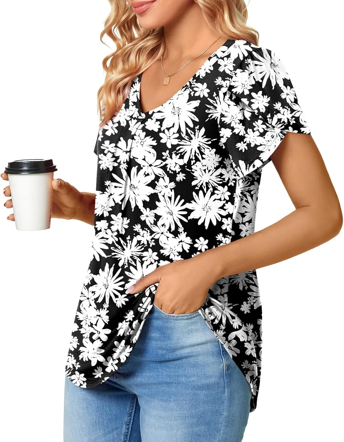 Bestbee Women's Plus Size Short Sleeve Blouses Summer Casual Loose Fit Tops V Neck Tunics