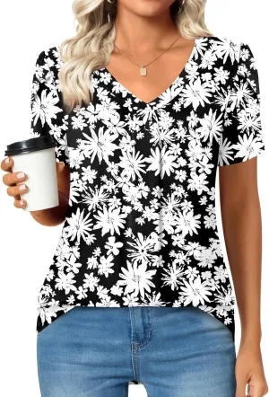 Bestbee Women's Plus Size Short Sleeve Blouses Summer Casual Loose Fit Tops V Neck Tunics
