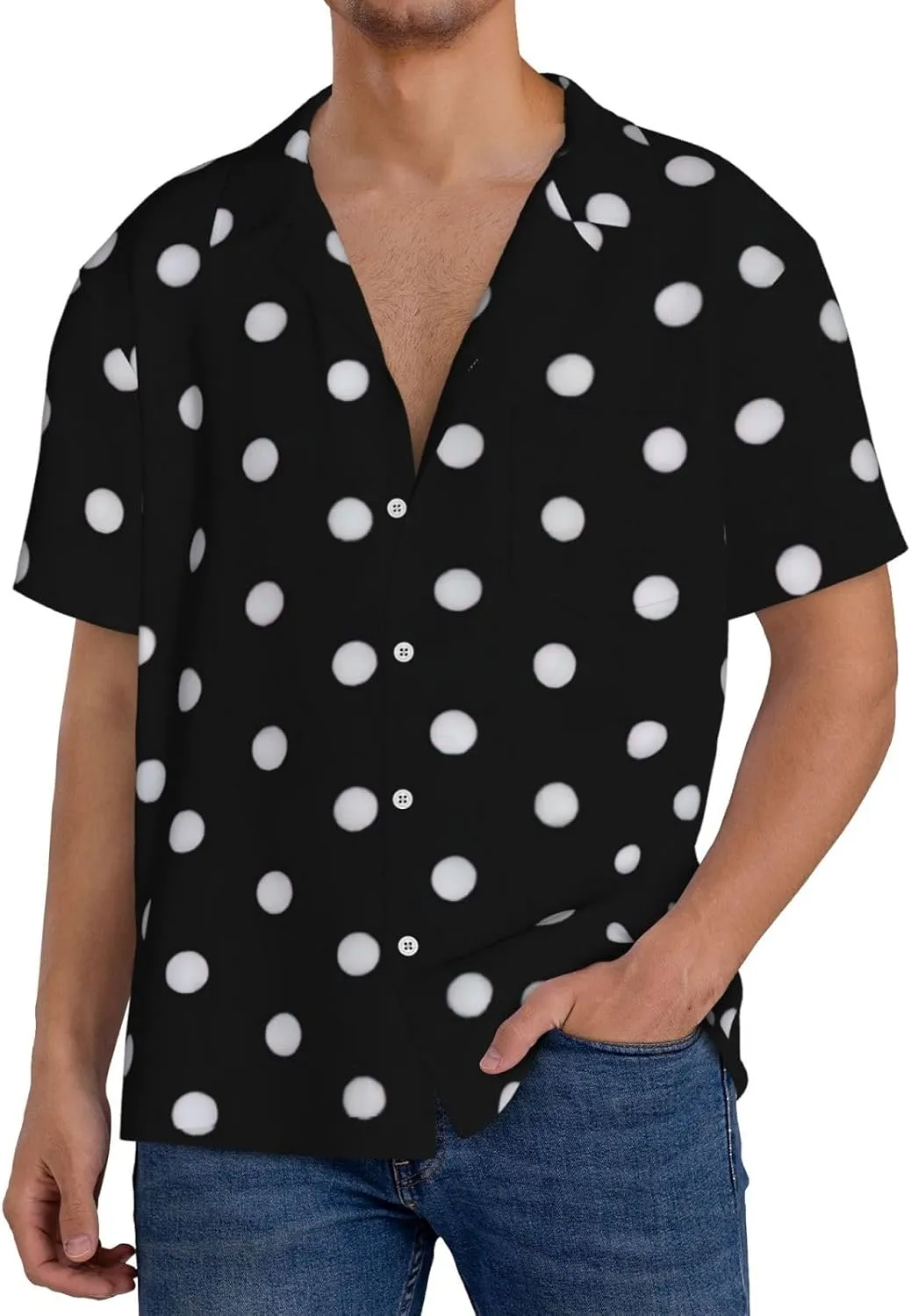 Black and White Polka Dot Print Men's Fashionable Cuban Collar Shirts for Tropical Parties and Casual Occasions