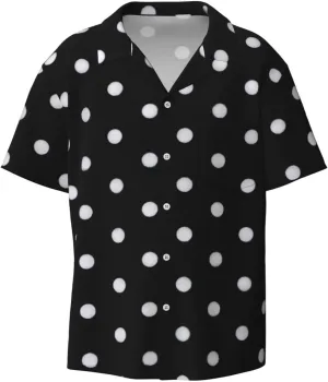 Black and White Polka Dot Print Men's Fashionable Cuban Collar Shirts for Tropical Parties and Casual Occasions