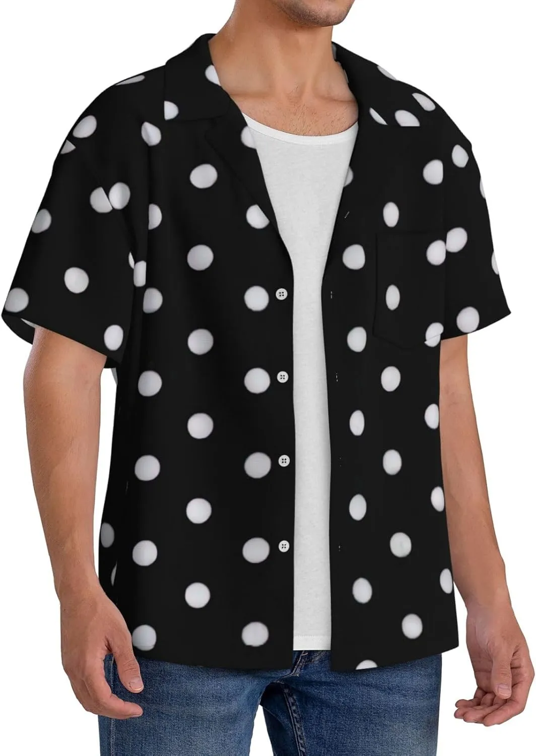 Black and White Polka Dot Print Men's Fashionable Cuban Collar Shirts for Tropical Parties and Casual Occasions