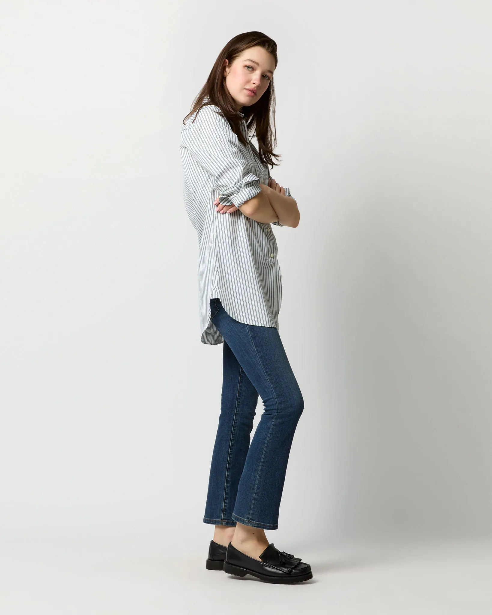 Boyfriend Shirt in White/Green Multi Stripe Poplin