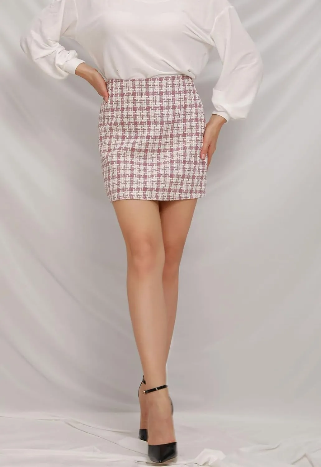 ebossy Women's Checker Plaid Wool Mini Skirts Sexy Slimming Zipper Up High Waist Tweed Short Pencil Skirts