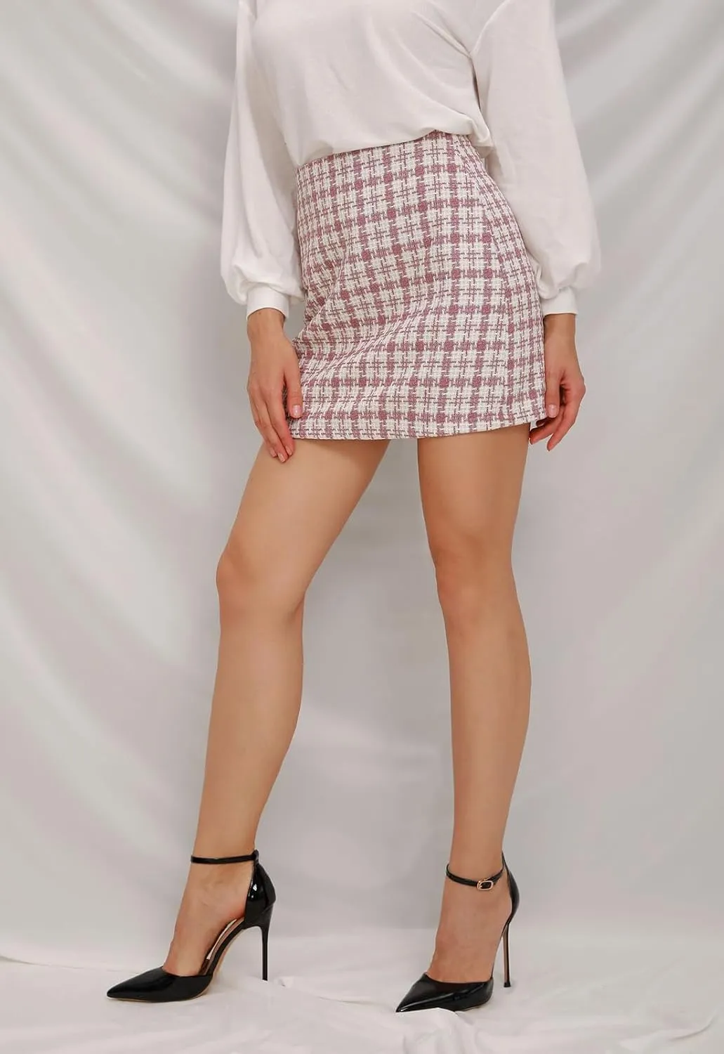 ebossy Women's Checker Plaid Wool Mini Skirts Sexy Slimming Zipper Up High Waist Tweed Short Pencil Skirts