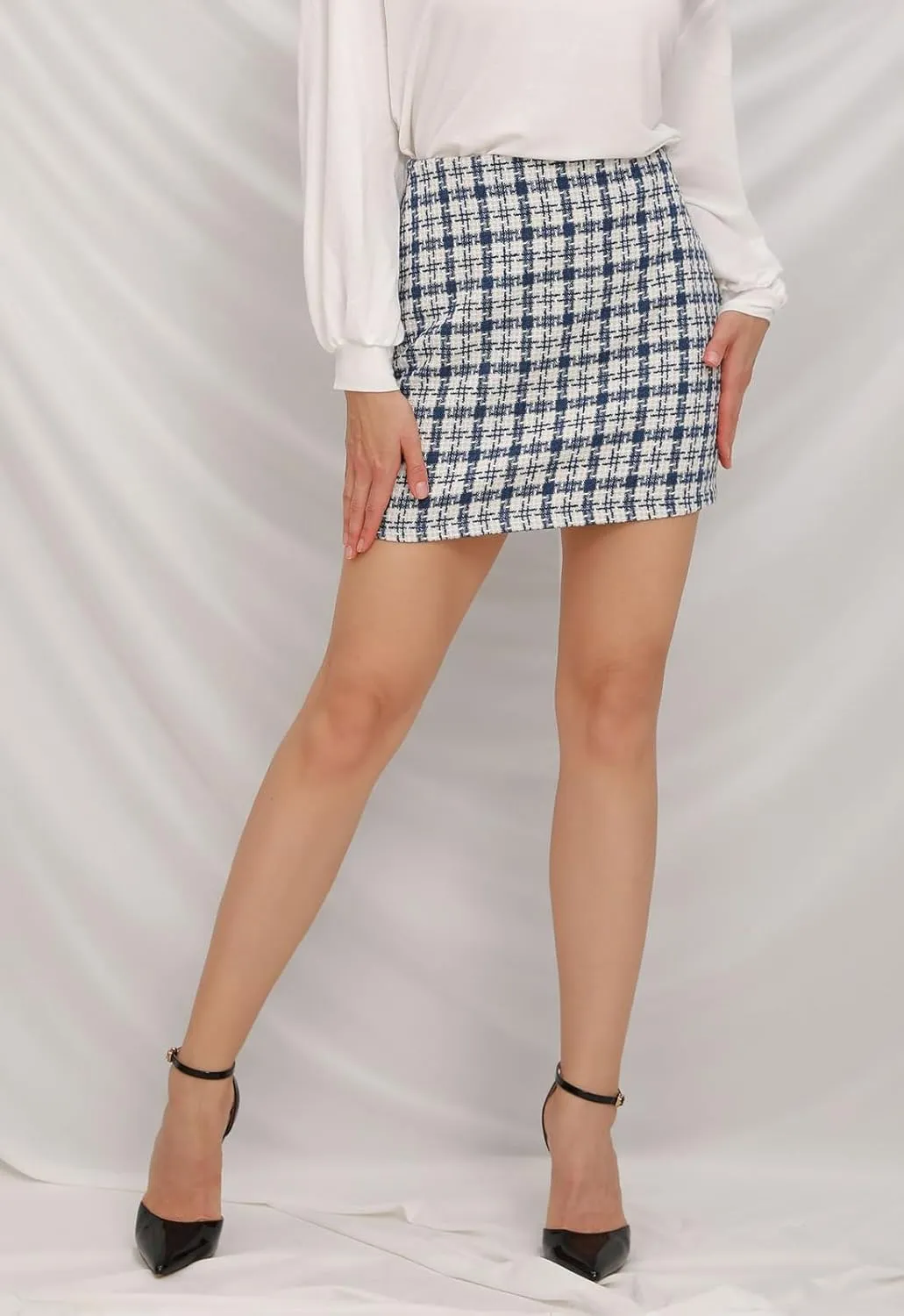 ebossy Women's Checker Plaid Wool Mini Skirts Sexy Slimming Zipper Up High Waist Tweed Short Pencil Skirts