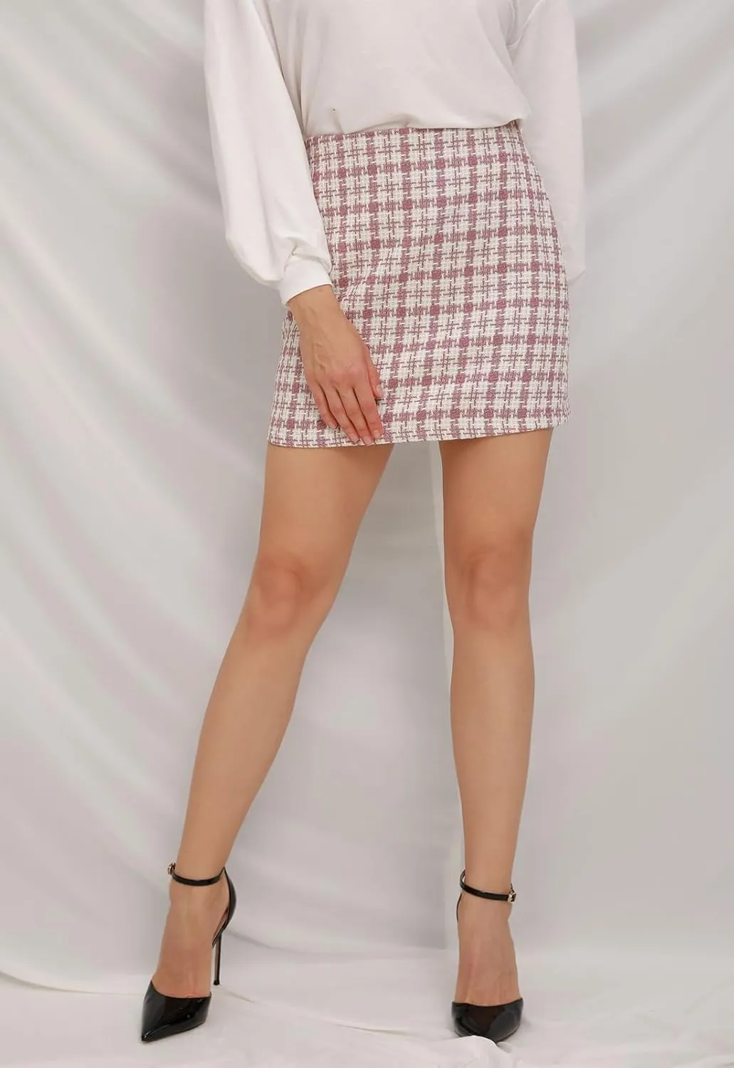 ebossy Women's Checker Plaid Wool Mini Skirts Sexy Slimming Zipper Up High Waist Tweed Short Pencil Skirts