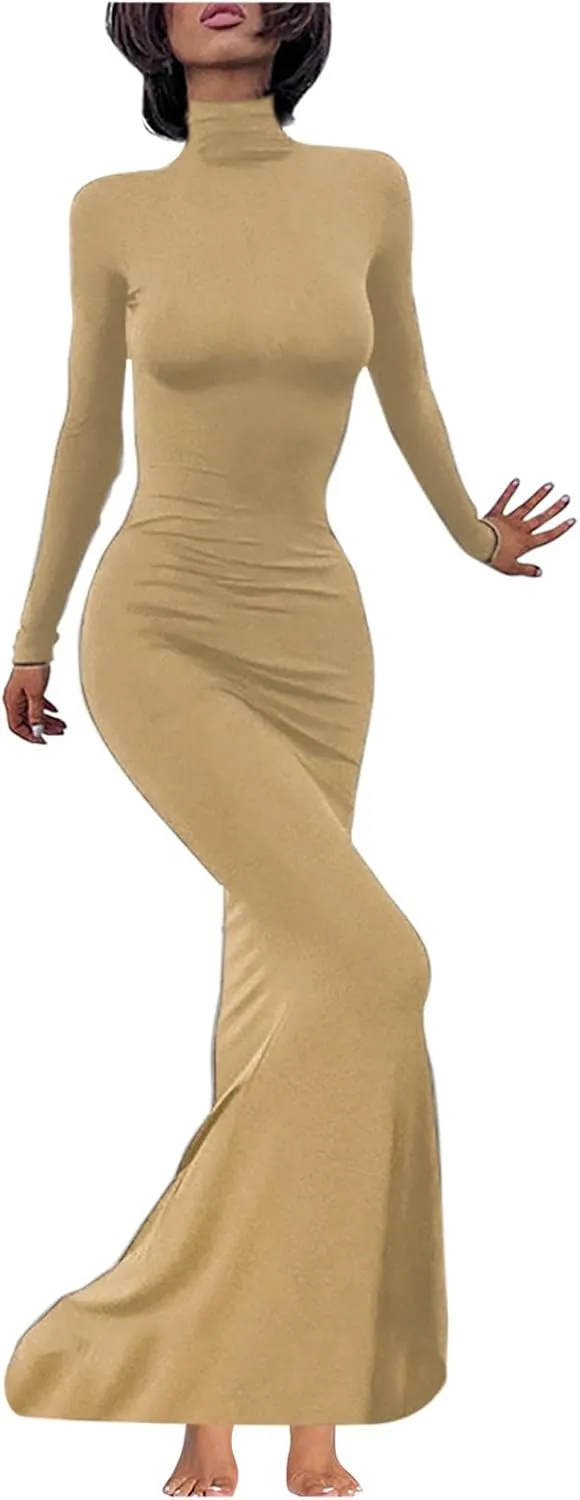 HGps8w Womens Turtleneck Bodycon Mermaid Maxi Dress Lady Casual Solid Long Sleeve Elegant Slimming Lounge Dresses