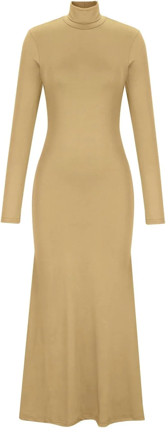 HGps8w Womens Turtleneck Bodycon Mermaid Maxi Dress Lady Casual Solid Long Sleeve Elegant Slimming Lounge Dresses
