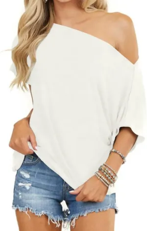INFITTY Women's Off Shoulder Tops Short Sleeve Casual Loose Batwing Shirts Oversized Blouse Tunic