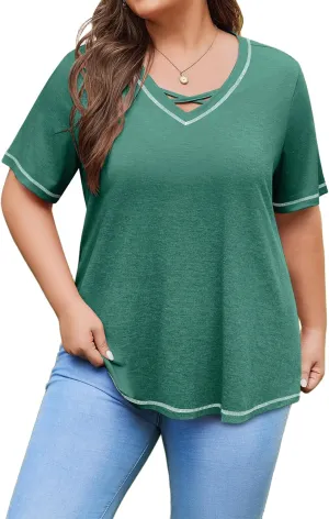 IN'VOLAND Women Plus Size Tunic Tops Summer Short Sleeve V Neck Criss Cross Shirts Casual Loose Plain Tee Shirt