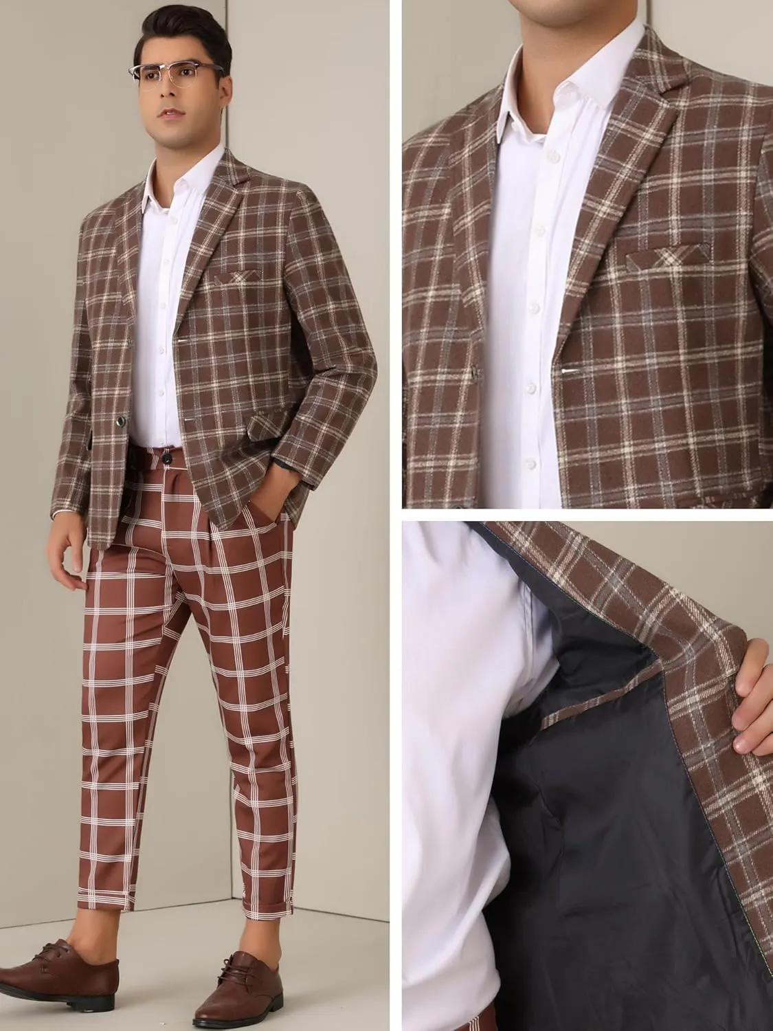 Lars Amadeus Plaid Blazers for Men's Color Block Business Checked Patterned Sports Coat