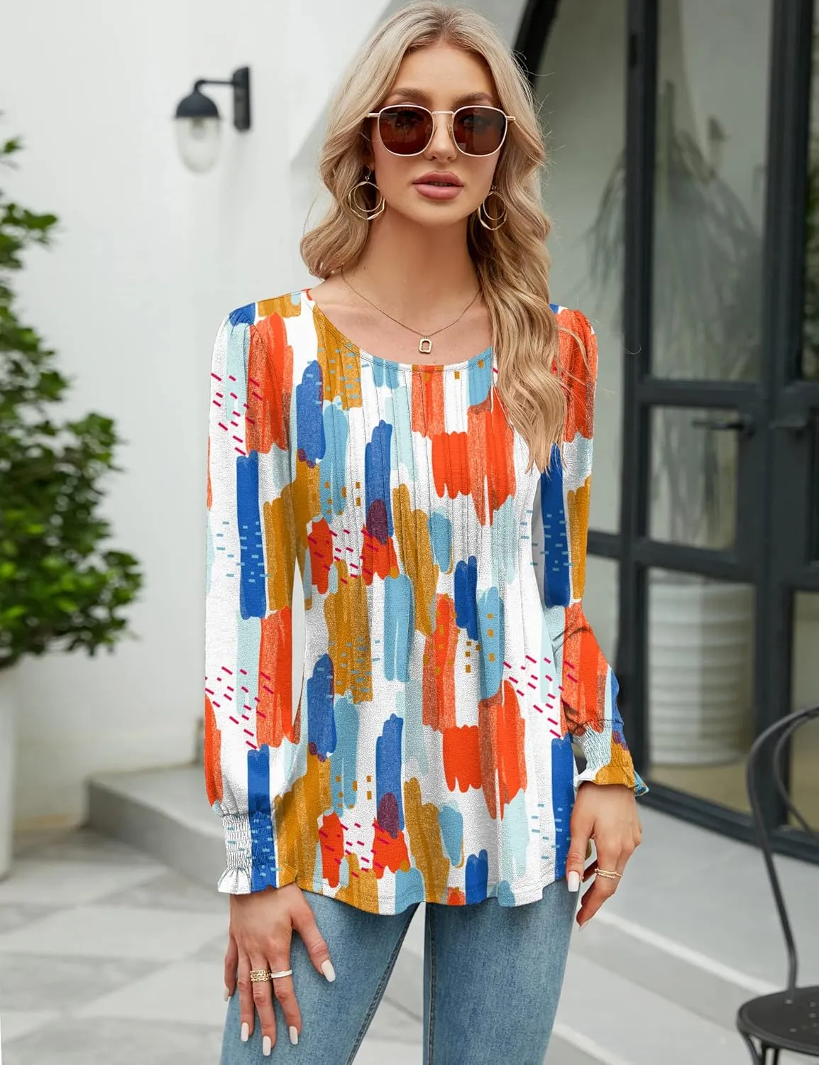 LOMON Women's Fall Puff Long/Short Sleeve Tunic Tops Pleated Crew Neck Shirts Blouses Casual Loose T-Shirts