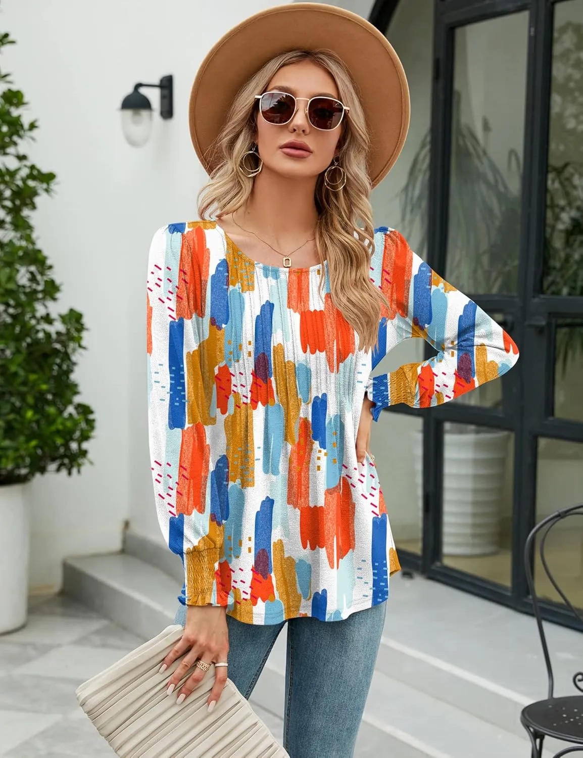 LOMON Women's Fall Puff Long/Short Sleeve Tunic Tops Pleated Crew Neck Shirts Blouses Casual Loose T-Shirts