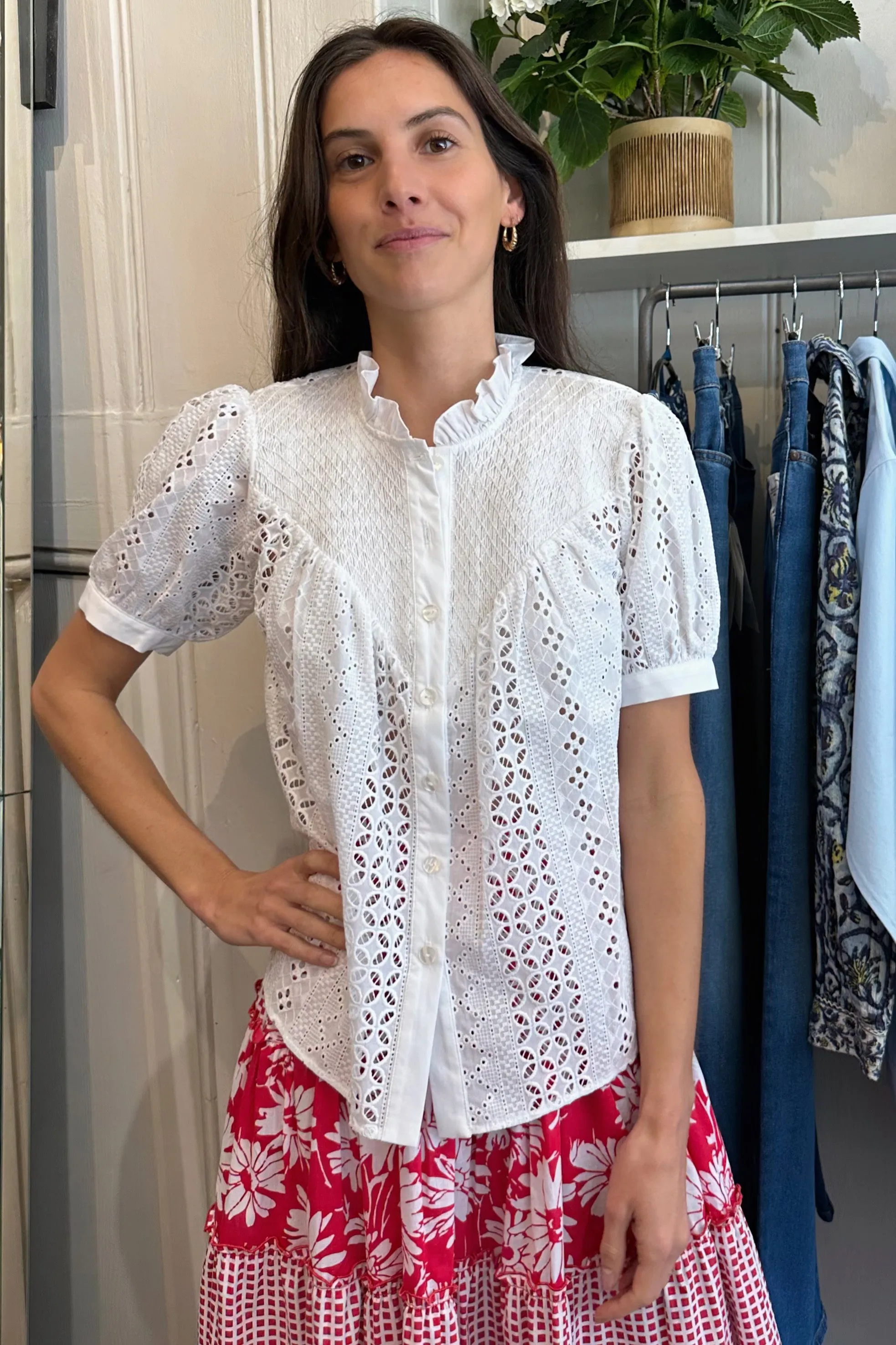 LORETTA CAPONI IOLE TOP IN WHITE SANGALLO