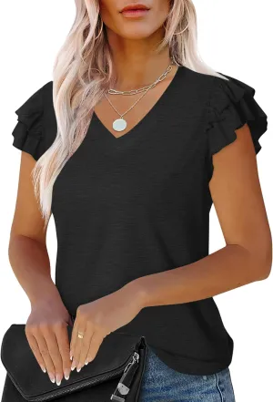 LUYAA Women's Ruffle Short Sleeve Tunic Tops V Neck Knit Ribbed T Shirts Blouses