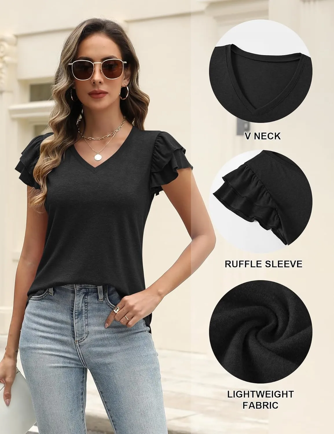 LUYAA Women's Ruffle Short Sleeve Tunic Tops V Neck Knit Ribbed T Shirts Blouses