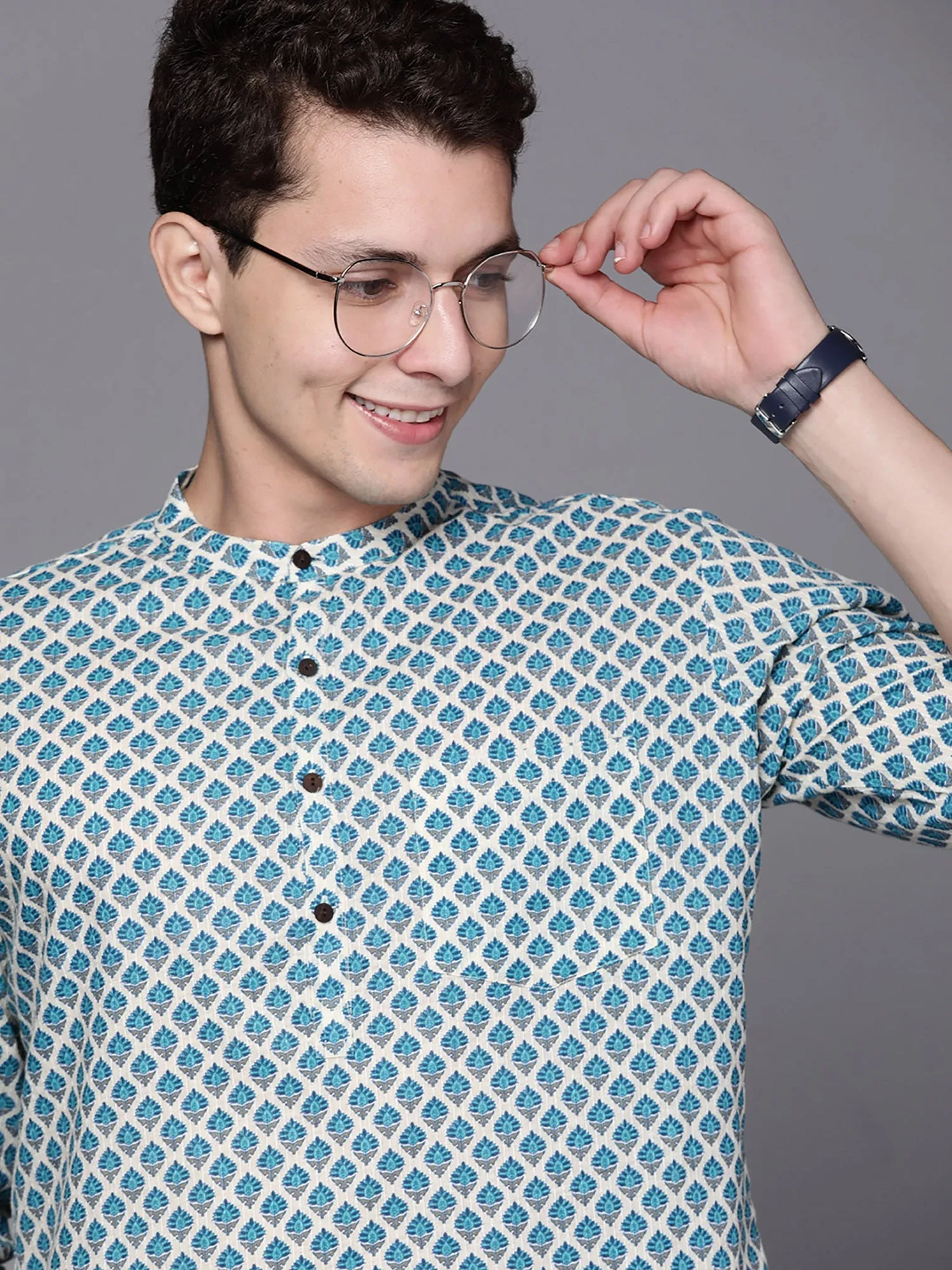 Men's Blue Floral Cotton Straight Kurtas - Indo Era
