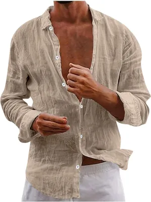 Mens Casual Linen Cotton Button Down Beach Shirts Lightweight Comfy Vacation Hawaii Tee Regular Fit Plain Blouse