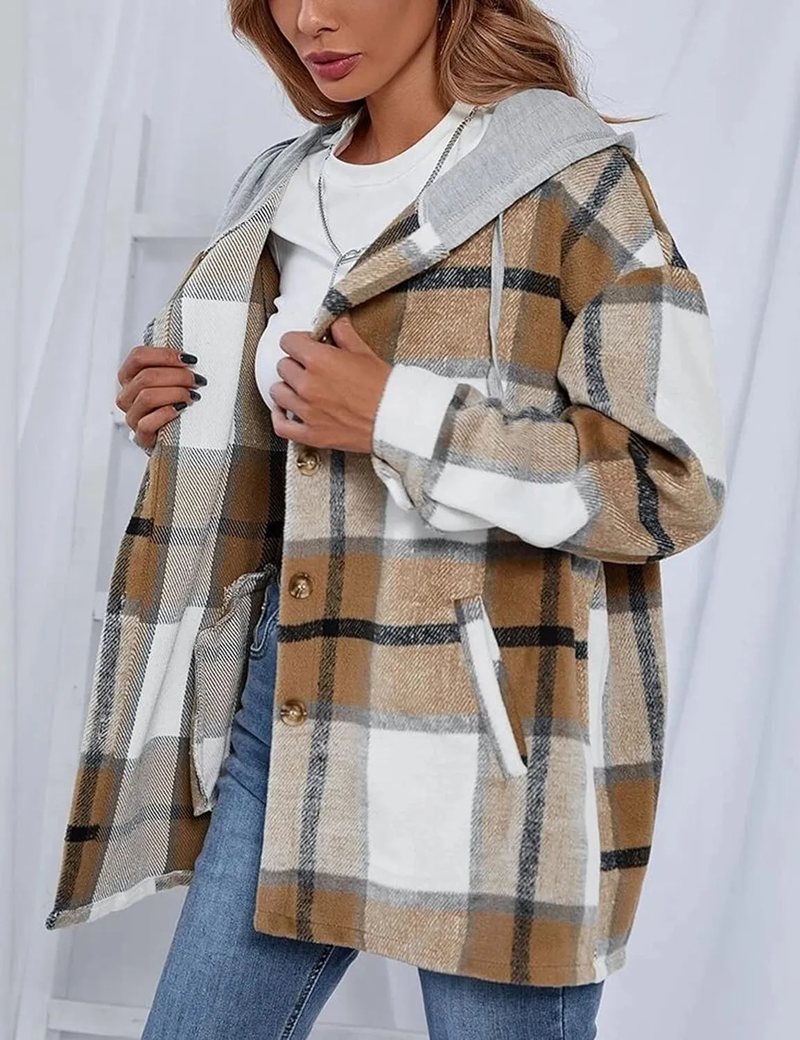Mingzhu Womens Flannel Plaid Hoodie Jacket Shacket Oversized Button Down Coat