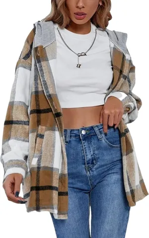 Mingzhu Womens Flannel Plaid Hoodie Jacket Shacket Oversized Button Down Coat