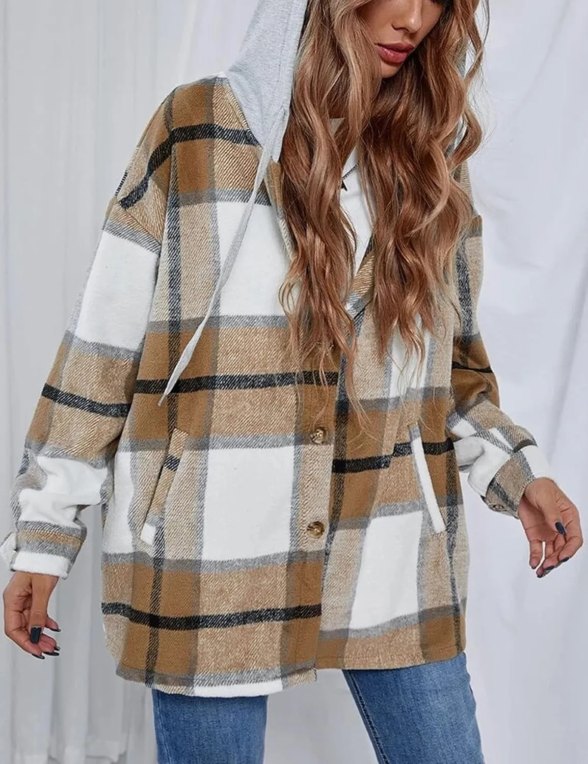 Mingzhu Womens Flannel Plaid Hoodie Jacket Shacket Oversized Button Down Coat