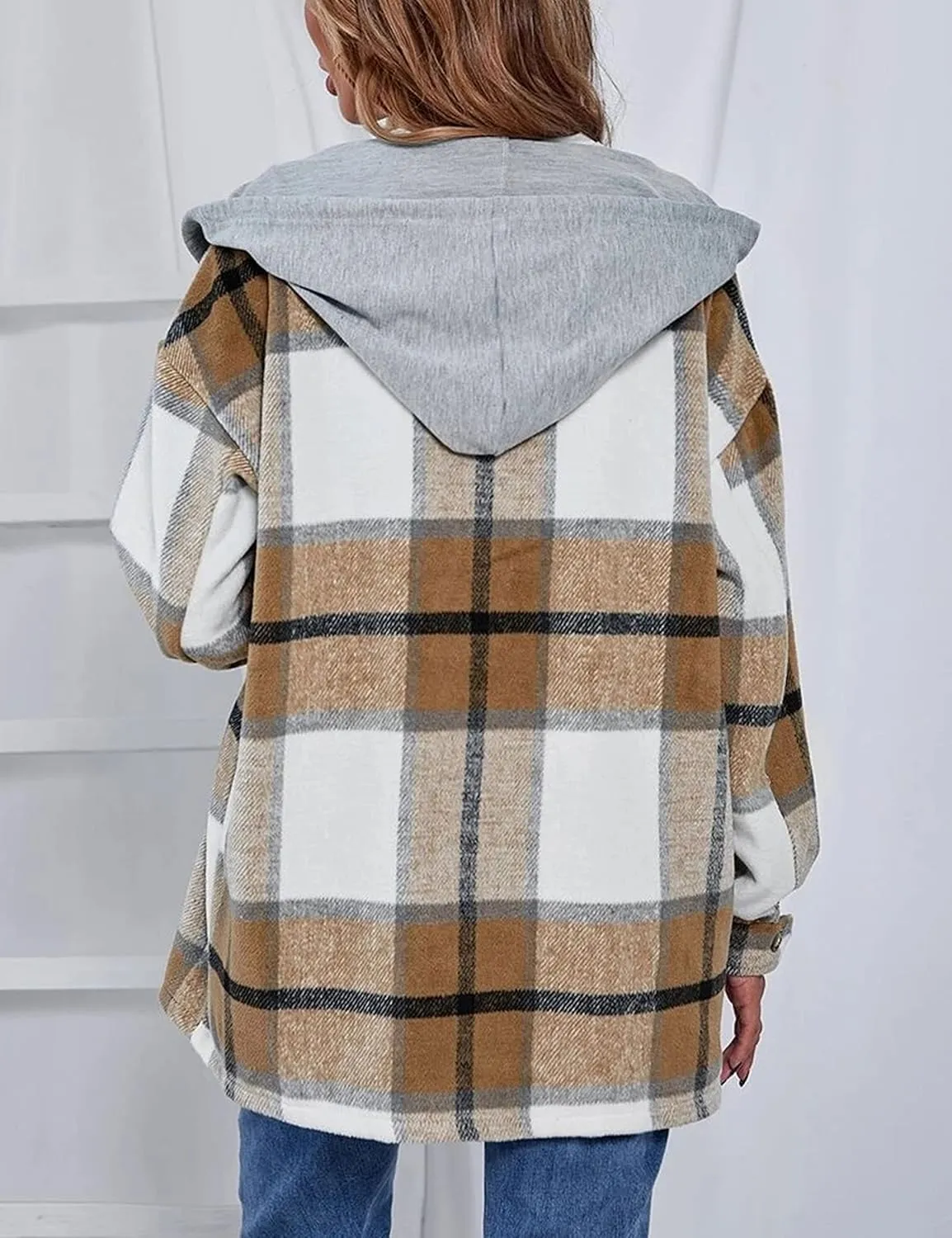 Mingzhu Womens Flannel Plaid Hoodie Jacket Shacket Oversized Button Down Coat