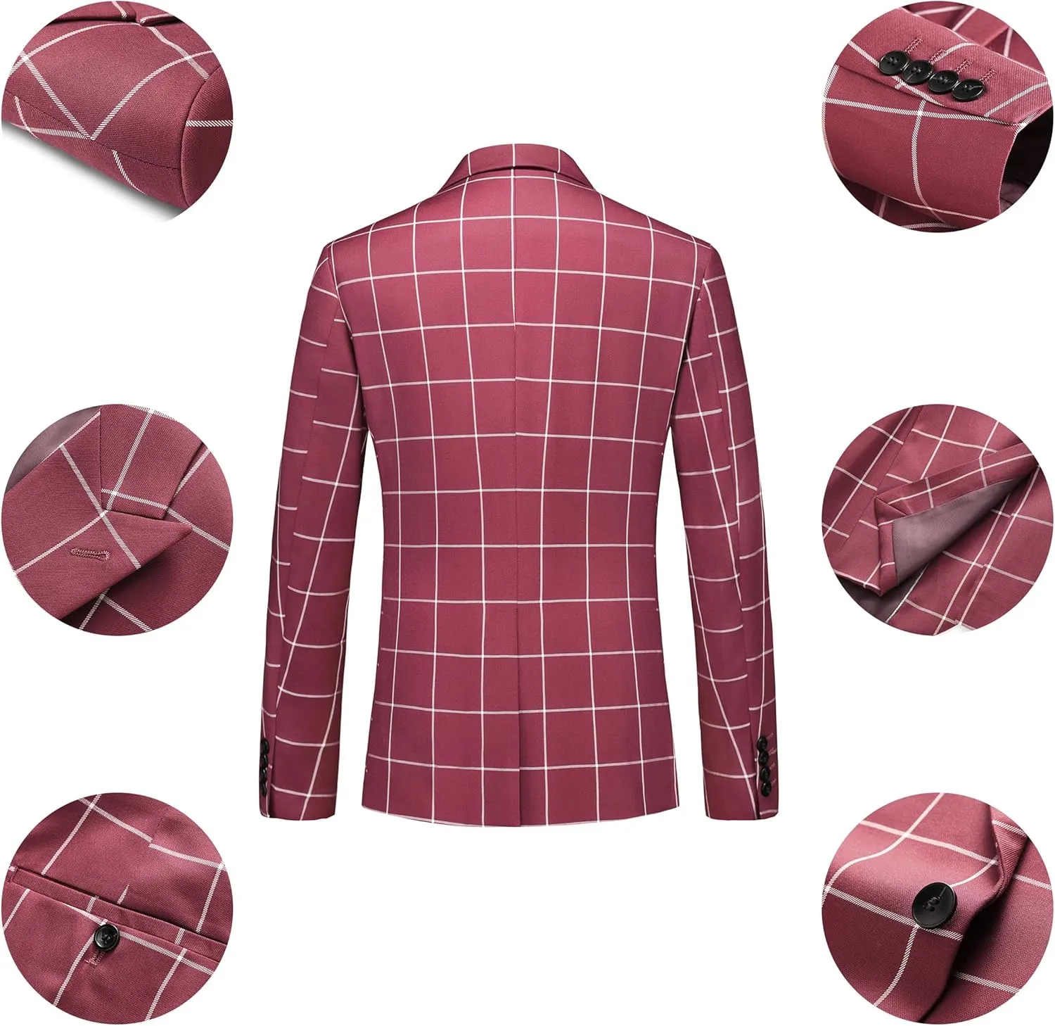 MOGU Mens 3 Piece Slim Fit Plaid Suit Blazer Jacket Vest Pants