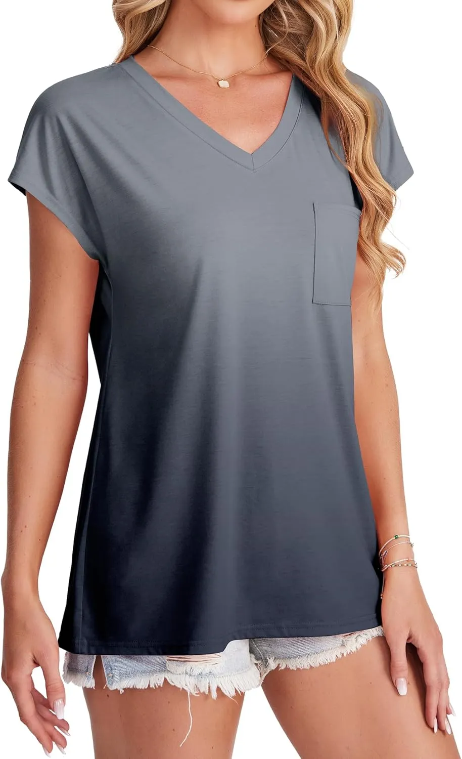 SAMPEEL Womens T Shirts V Neck Cap Short Sleeve Summer Tops Trendy 2025 Loose Casual Tshirts with Pocket
