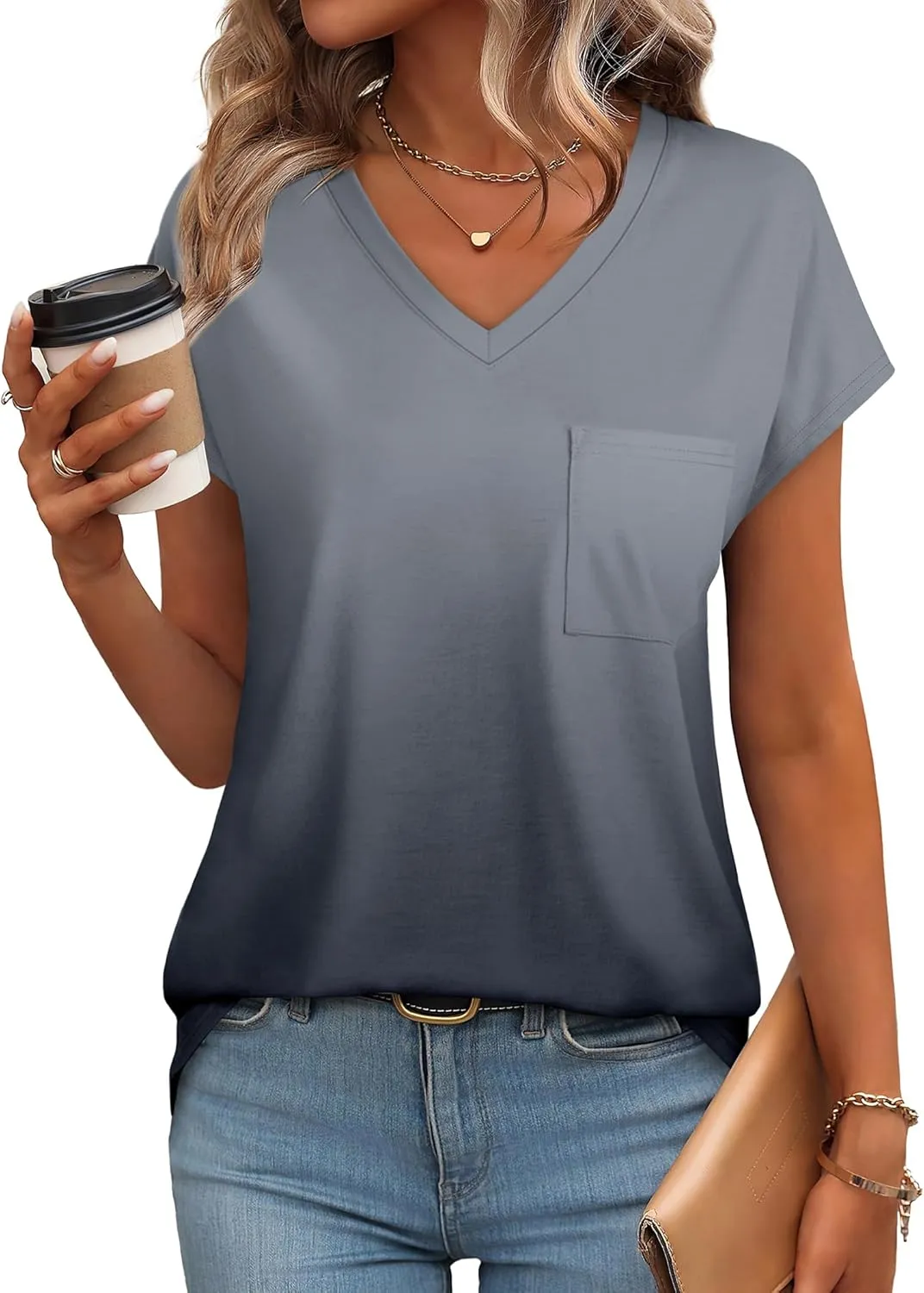 SAMPEEL Womens T Shirts V Neck Cap Short Sleeve Summer Tops Trendy 2025 Loose Casual Tshirts with Pocket