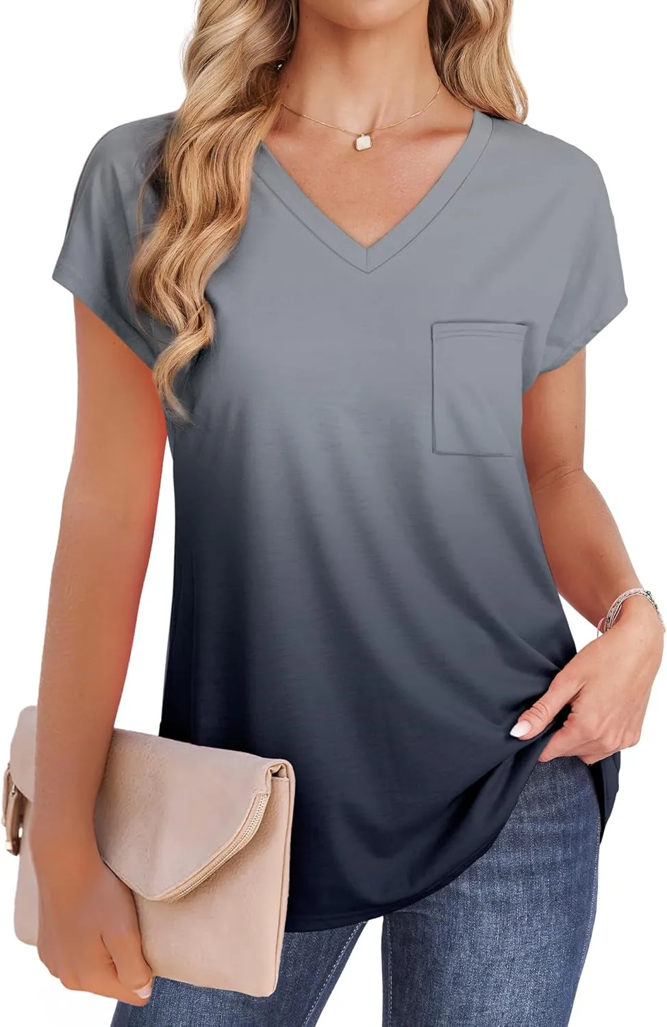 SAMPEEL Womens T Shirts V Neck Cap Short Sleeve Summer Tops Trendy 2025 Loose Casual Tshirts with Pocket