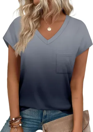 SAMPEEL Womens T Shirts V Neck Cap Short Sleeve Summer Tops Trendy 2025 Loose Casual Tshirts with Pocket