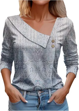T Shirts for Women Fashion Checked 3/4 Sleeve Tops Loose V Neck Trendy Business Office Casual Pullover Blouses