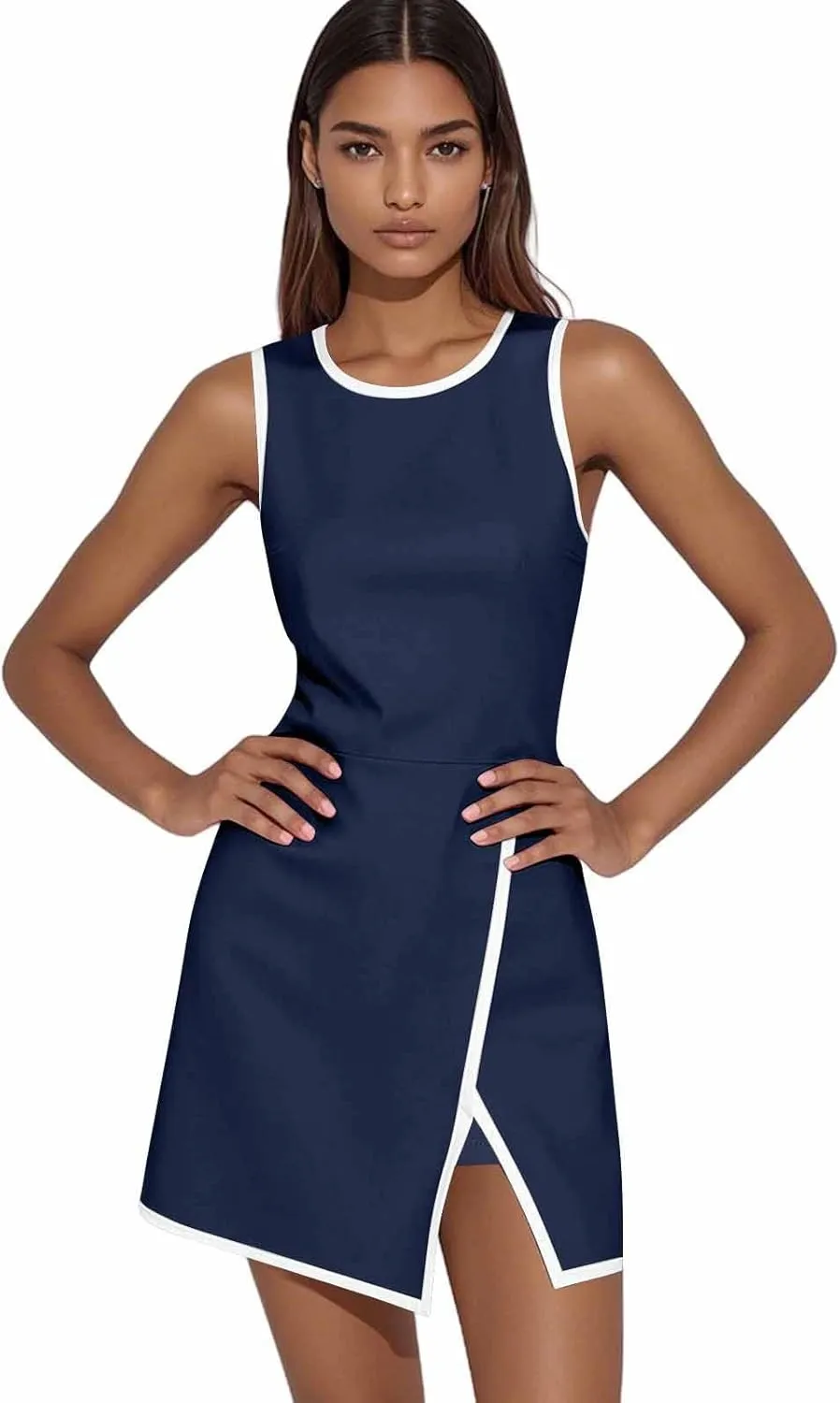 Tennis Dresses for Women with Shorts Summer Workout Athletic Sleeveless Slit Color Block Bodycon Mini Dress Activewear