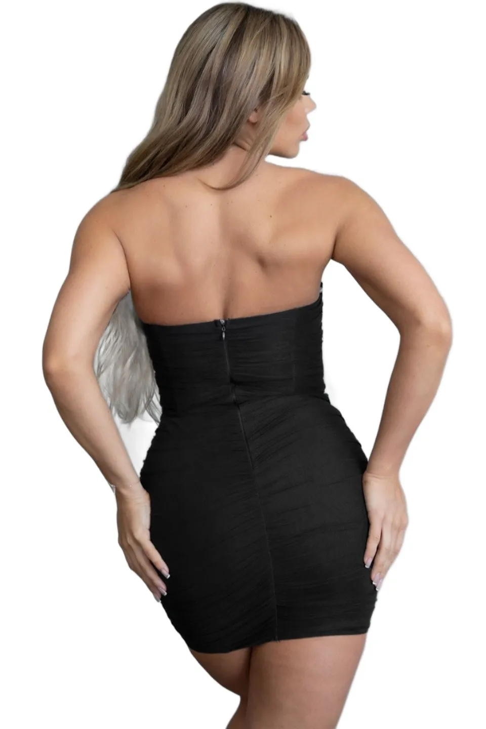 Tic Toc - "Chiffony" Black Mesh Strapless Corset Mini Dress - Spandex Accentuate